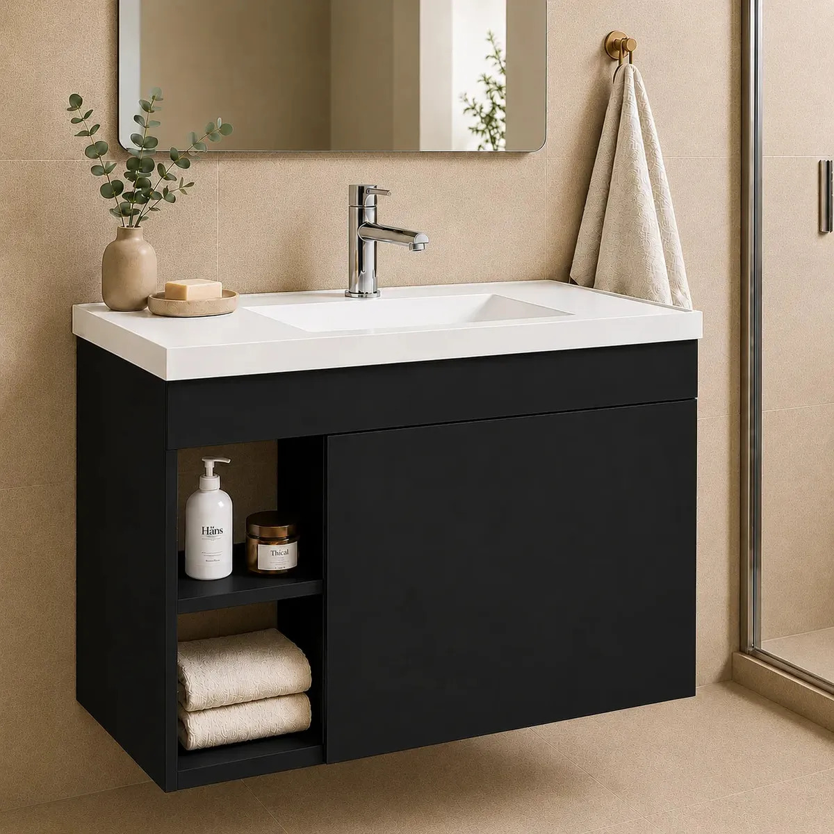 Gabinete Suspenso para  Banheiro com Cuba Compacta Moderno Preto - Blue Moby