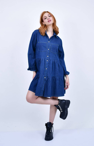 Vestido Jean More Volado En Falda, Botones Al Frente