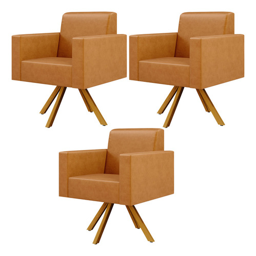 Kit 03 Poltronas Decorativa Base Giratória de Madeira Helô L02 Couríssimo Whisky