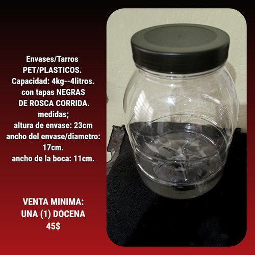 Envase,tarro Pet/plastico Galón (4 Ltrs/kg) Pack 12 Unidades