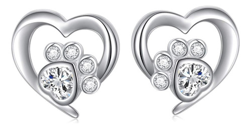 Heart Paw Stud 925 Sterling Silver Cute Cat Dog Paw Print Cz