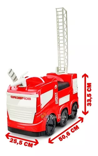 Caminhão de bombeiros de brinquedo vermelho com mangueira esguicha água e  escada caminhão de água 