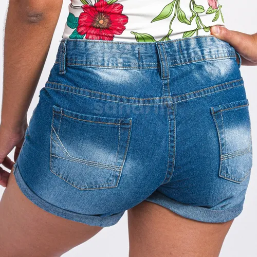 Kit 2 Short Feminino Jeans Com Licra Cintura Alta Desfiado Curto 2 - Azul  Claro