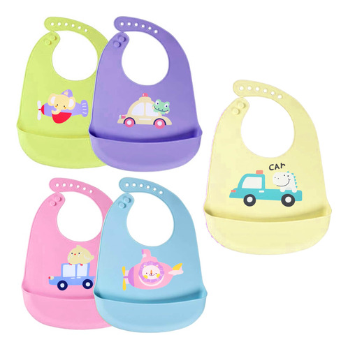 Set 5 Baberos Silicon Ajustable Bebé Animales Colores Bolsa 