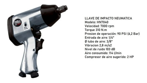 Imagen 2 de 3 de Llave De Impacto Neumatica Pistola Encastre 1/2 Bta Hn7040