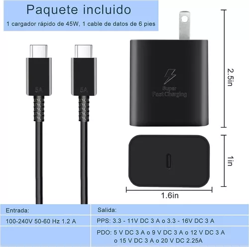 Cargador USB C Carga Rapida 45W para Samsung Galaxy S22+/S22 Ultra