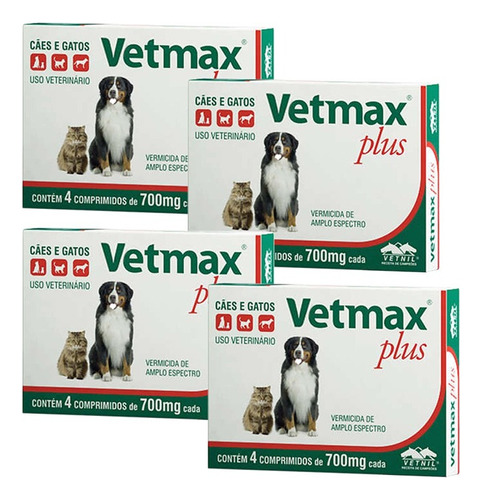 Kit 4 Vetmax Plus Vermifugo Cães Gatos Vetnil 700mg - 4 Comp