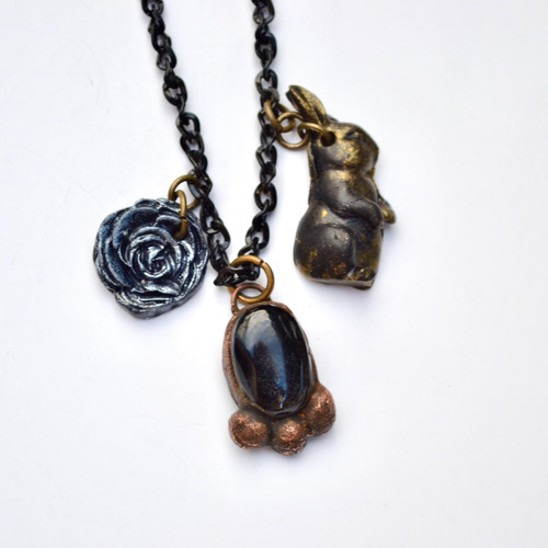 Collar Boho Con Piedra Obsidiana Negra, Flor, Conejo, Cod1