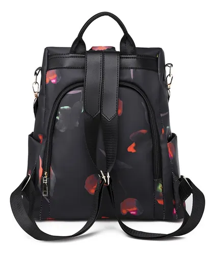 Mochila Antirrobo Cartera Mujer Impermeable Bolso Dama Atrix Color Negro Diseño De La Tela Floreado