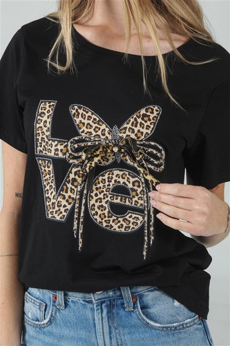 Remera Premium Estampada Love Moño Print Con Brillos Gu03526