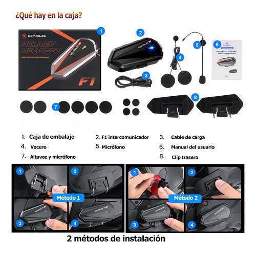 Audífonos Para Casco De Motos Gearelec F1 Bluetooth 5.3 Impermeables 2000mAh Batería Llamadas manos libres Hifi Eq Sonido 3D estéreo