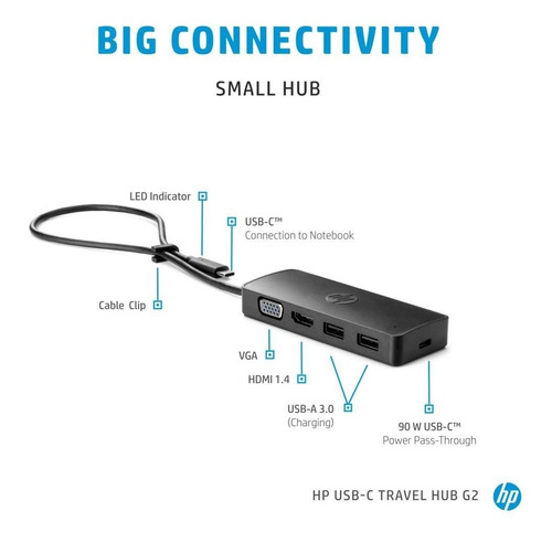 Imagen 5 de 7 de Adaptador Hp Usb-c Travel Hub G2 7pj38aa Hdmi Vga Usb-a