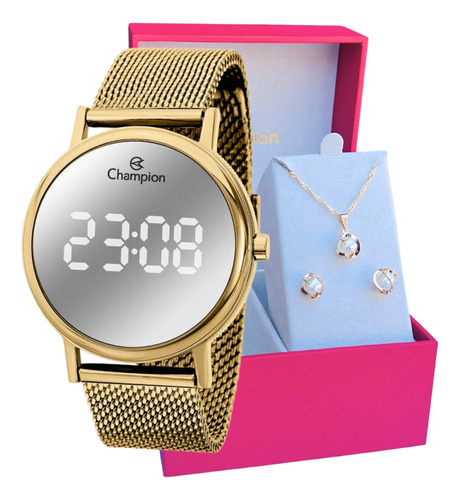 Relógio Champion Feminino Dourado Luxo + Colar E Brincos 18k