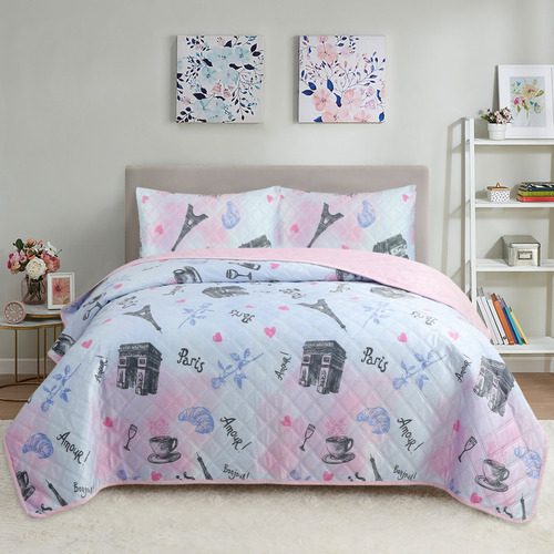 Colcha Cobertor 2x1 Velvet Extra Suave Super King Size Color Paris Y Rosa Diseño De La Tela París