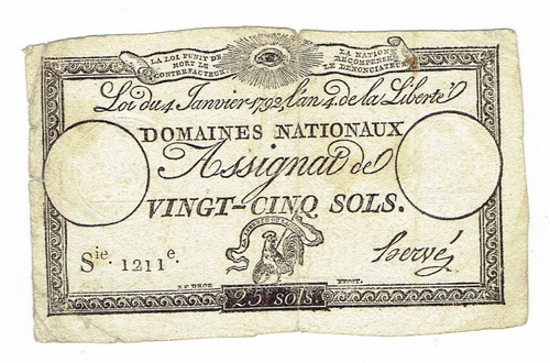 Billete De Francia, 25 Soles, 1792.  Jp