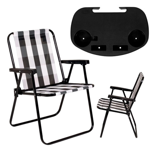 Kit Duas Cadeira De Praia Retro + Duas Mesa Porta Copos