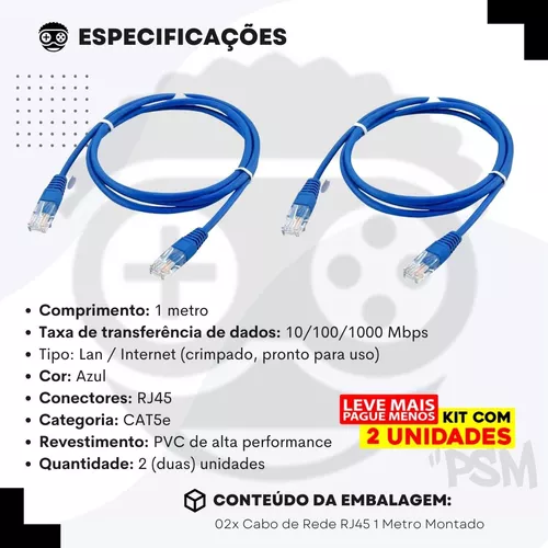 Conector Duplicador Rj45 Rede Internet Duplo + 2 Cabo 1 Meto