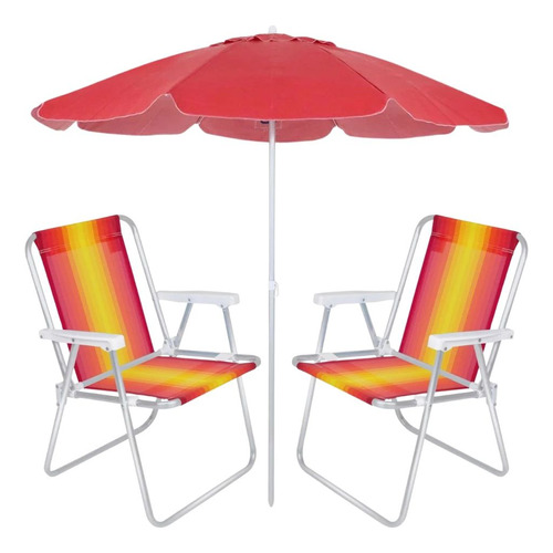 Guarda Sol Vermelho 2 M + 2 Cadeiras De Praia / Aluminio