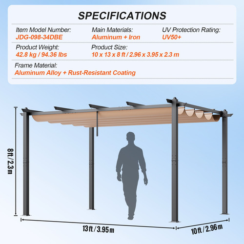 Toldo Pergola Retráctil Exterior Sombra Aluminio Beige 4x3 M