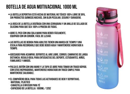 Imagen 5 de 10 de Bote Vaso De Agua Motivacional 1000 Ml Termo Cilindro Popote