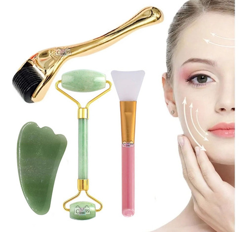 Masajeador Facial Jade Con Piedra Y Dermaroller Kit Completo