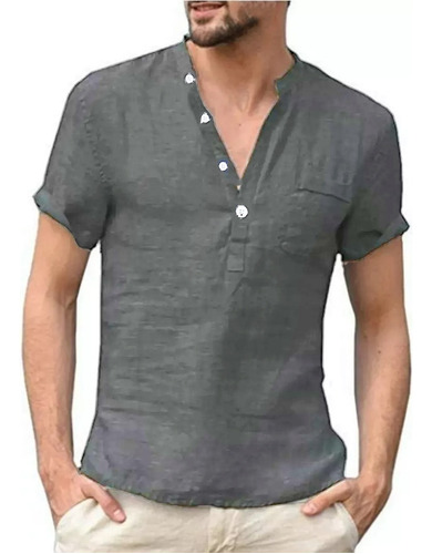 Camisas Cuello Mao Lino Hombre Casual Manga Corto Slim Fit