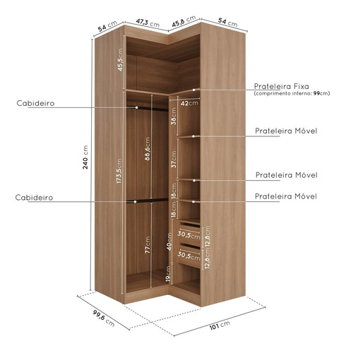 Guarda Roupa Modulado De Canto Com Espelho 6 Portas 3 Wt