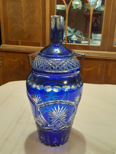 Caramelera Potich Antiguo En Cristal Azul Tallado De 35 Cm