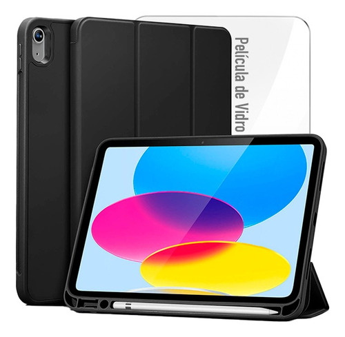Capa Smart Cover Case P/ iPad 10 Ger. 10.9 10,9 + Película Cor Preto (c/ Suporte Para Caneta)