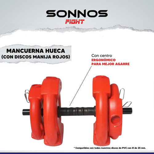 Mancuerna Hueca + 10 Kg 4x2.5kg + Discos Rojos Manija Sonnos