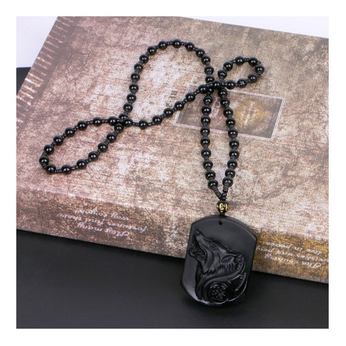Imagen 7 de 8 de Collar Cabeza De Lobo Piedra De Obsidiana Natural