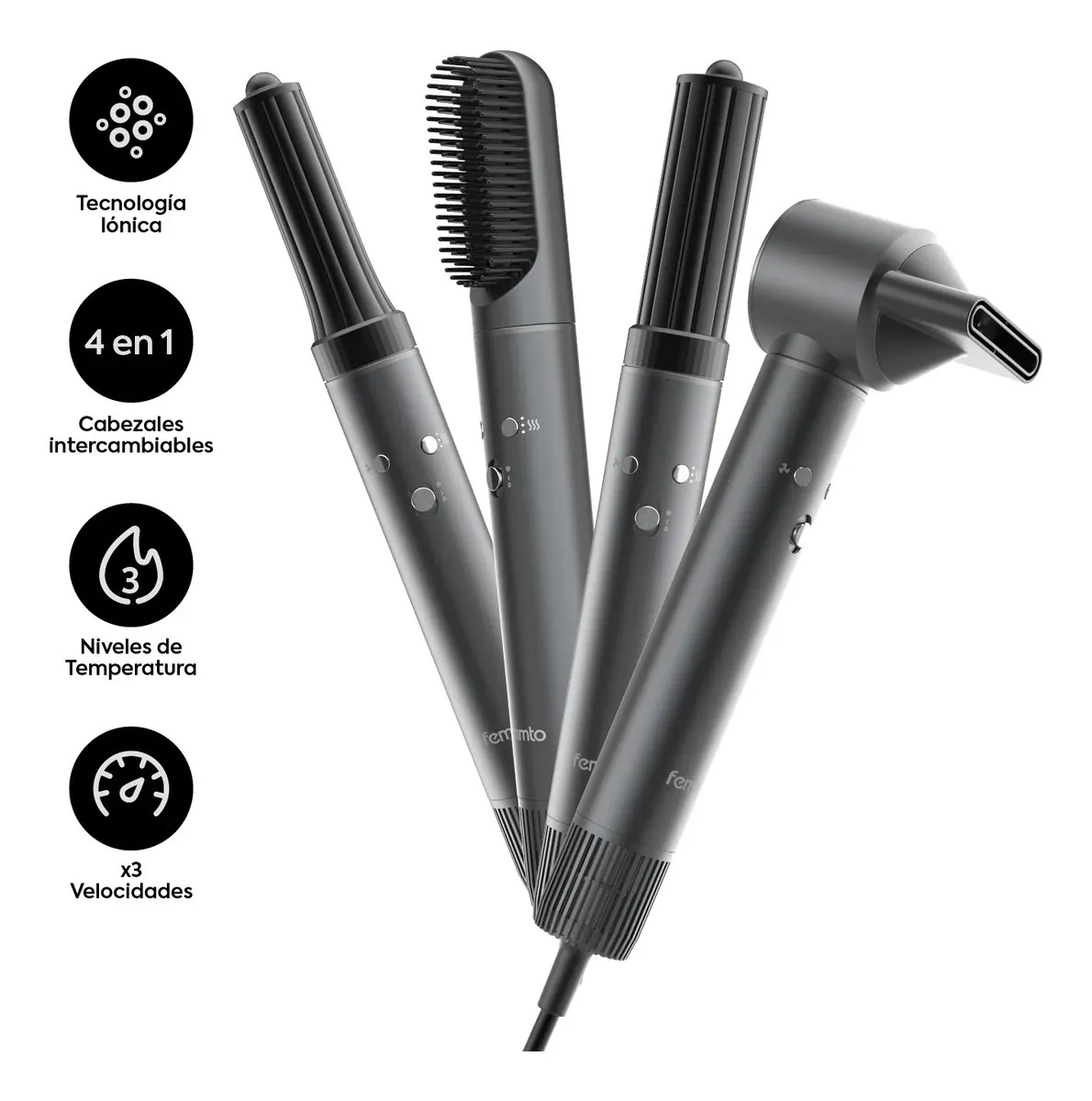 Secador de Pelo Moldeador Iónico 4 en 1 Cepillo Rizador Multi Styler Multifuncion Cabezales Femmto Ventus Styler