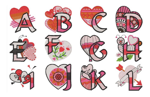 Diseño De Matrices P/ Bordar  Alfabeto Letras Con Corazones