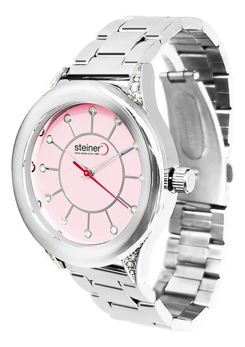 Reloj Para Mujer Análogo Steiner Anillo De Cristales 37 Mm Correa Plateado Bisel Plateado Fondo Rosa