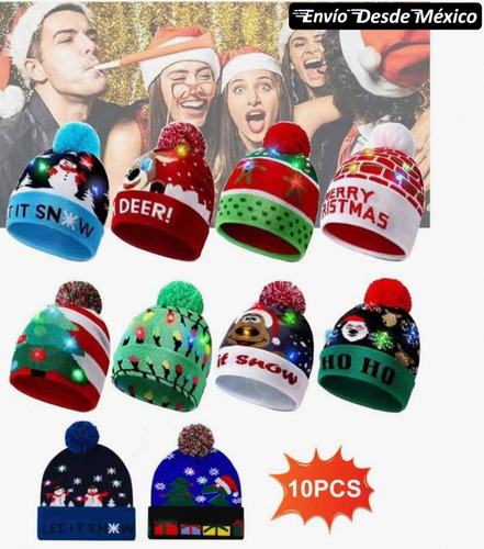 10 Gorros De Papá Noel Con Luces Led, Regalos De Navidad