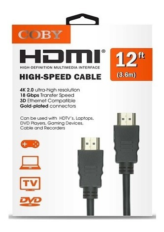 Cable Hdmi 12 Pies Coby, 4k, 2.0 Ultra-hd, Negro.