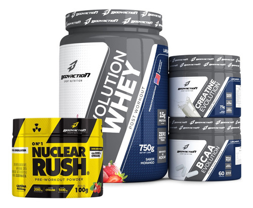 Pre Treino Nuclear Rush + Kit Whey Creatina Bcaa Sabor Morango