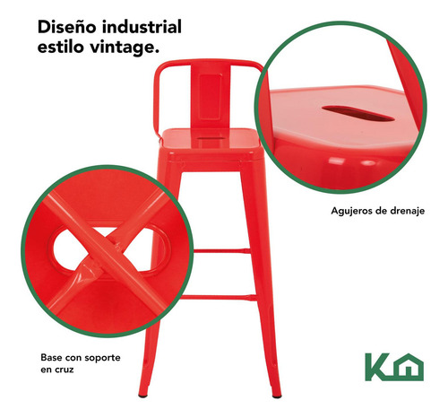 Banco Alto Respaldo Tipo Tolix Vintage Minimalista Moderno Acero Galvanizado Color Rojo KingsHouse TOLIX-BAR2
