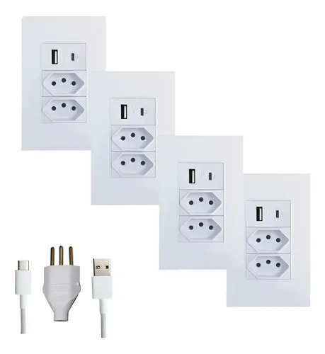 Kit 4 Tomada Parede Dupla Usb Tipo C Universal Bivolt Turbo