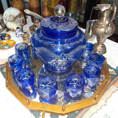 Imagem 1 de 10 de Poncheira Antiga Cristal Bohemia Double Overlay Azul Cobalto