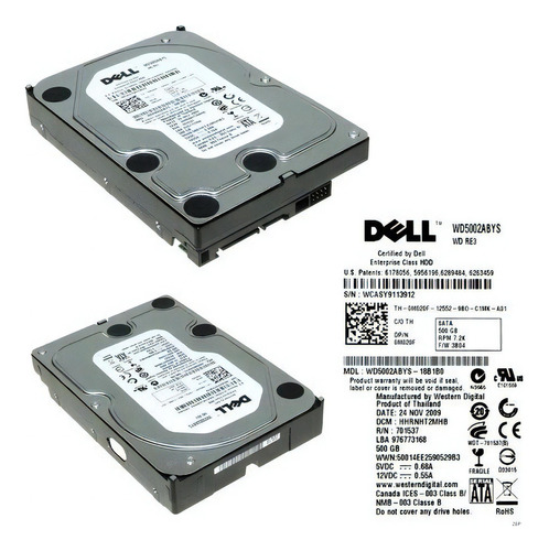 Hd Dell / Wd 500gb Sata 7.2k 3,5 Wd5002abys - 0m020f Cor Prata