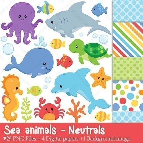 Kit Imprimible Animales Marinos 1- 30 Png 5 Fondos