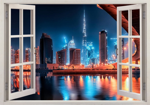 Adesivo Parede Decorativo Dubai Noturna Prédios Ponte Janela