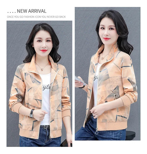 Chaqueta Estampada Con Cuello Alto Y Cremallera Para Mujer