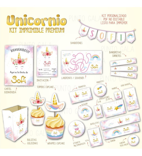 Unicornio Candy Bar. Premium. Kit Imprimible Personalizado