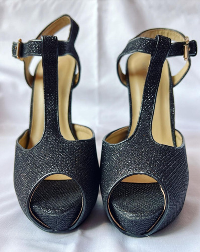 Sandalias Stiletto Negras Con Brillos, Talle 37, Korium