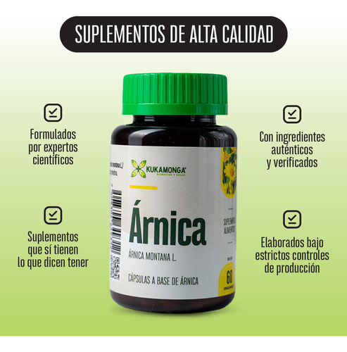Kit 1 Árnica 60 Cápsulas Com 1 Extracto Ánica 60 Ml Sin sabor 100% Natural Contribuye a el Alivio Muscular y Cuidado de la piel Kukamonga
