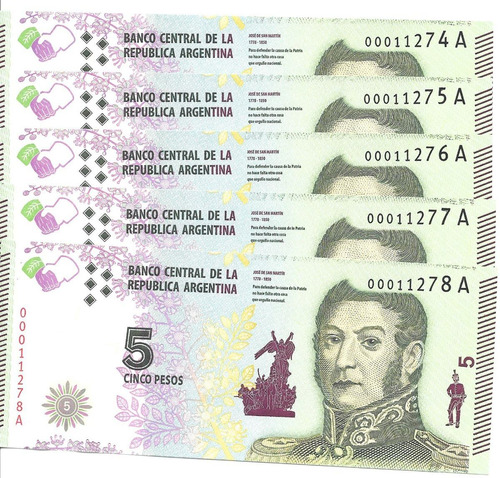 Bot 3901 - 5 Billetes Correlativos De 5 $ Num. Bajos - Unc