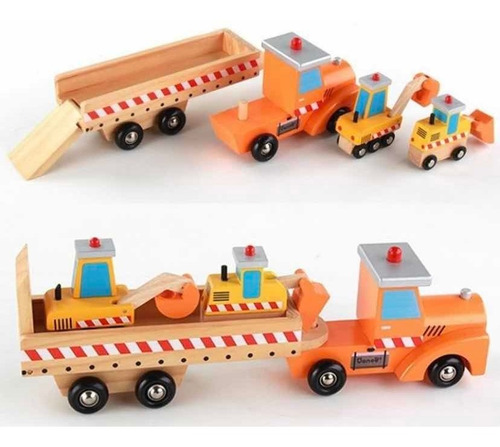 Juguete Madera Camión Rampa Autos De Construcción Niños Color Naranja