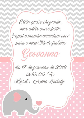 50 Convites Personalizados 10x7cm Elefante Chá De Bebe